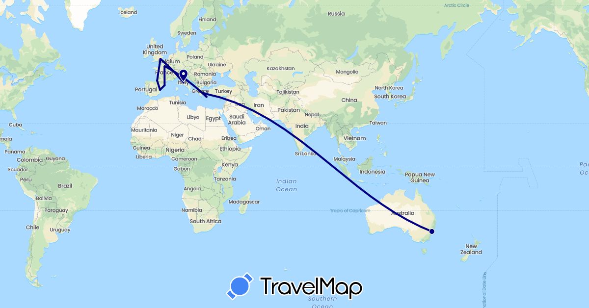 TravelMap itinerary: driving in Australia, Spain, France, United Kingdom, Greece, Italy (Europe, Oceania)