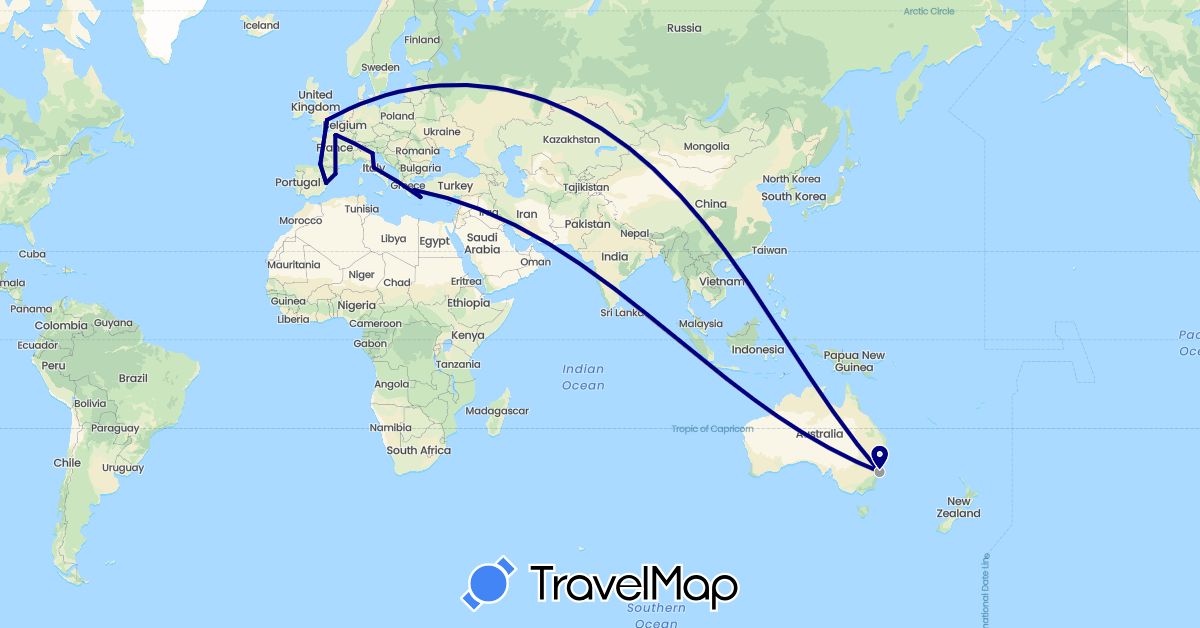 TravelMap itinerary: driving, plane, train, boat in Australia, Spain, France, United Kingdom, Greece, Italy (Europe, Oceania)